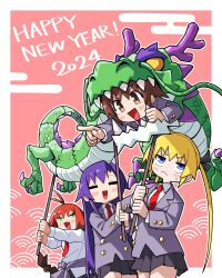 Rule 34 | 2024, 4girls, black ribbon, black skirt, blonde hair, blue eyes, blush, brown hair, chinese zodiac, closed eyes, closed mouth, collared shirt, fang, goshiki agiri, grey jacket, hair ribbon, happy new year, highres, jacket, kill me baby, long hair, long sleeves, multiple girls, necktie, new year, open mouth, oribe yasuna, pleated skirt, pointing, purple hair, red hair, red necktie, ribbon, school uniform, shirt, short hair, skirt, sonya (kill me baby), sweat, twintails, unused character (kill me baby), very long hair, white shirt, yachima tana, year of the dragon