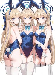 1girl absurdres animal_ear_hairband animal_ears aowow aqua_bow aqua_bowtie ass bag blonde_hair blue_archive blue_eyes blue_hair blue_leotard blush bow bowtie braid breasts cameltoe cleavage closed_mouth commentary_request commission covered_navel detached_collar earrings fake_animal_ears fake_tail gluteal_fold groin hairband half_up_braid halo headset highres holding holding_bag jewelry leotard long_hair looking_at_viewer median_furrow multicolored_hair multiple_views official_alternate_costume pixiv_commission playboy_bunny rabbit_ear_hairband rabbit_ears rabbit_tail shoulder_blades simple_background small_breasts strapless strapless_leotard streaked_hair stud_earrings tail thigh_gap thighhighs toki_(blue_archive) toki_(bunny)_(blue_archive) two-tone_hair v very_long_hair white_background white_thighhighs wrist_cuffs