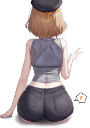 1girl absurdres alternate_costume anis_(nikke) ass bare_shoulders beret brown_hair from_behind goddess_of_victory:_nikke hat heart highres huge_ass pantylines short_hair short_shorts shorts sitting solo spoken_heart subob_(subobdesu) v