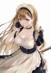 1girl absurdres apron arm_behind_back black_gloves blue_eyes braid braided_bangs brown_hair center-flap_bangs choker commentary_request frilled_apron frilled_choker frilled_gloves frills gloves hair_between_eyes highres long_hair looking_at_viewer low_neckline maid_headdress mang_chan_d open_mouth original short_sleeves simple_background solo very_long_hair white_apron white_background