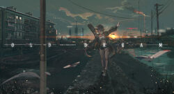 1girl black_choker breasts brown_eyes brown_hair building choker cloud cloudy_sky crop_top cropped_jacket factory genshin_impact grey_hair guitar_case highres hu_tao_(genshin_impact) industrial_pipe instrument_case jacket long_hair looking_at_viewer mai_(xskdizzy) navel outstretched_arms shoes shorts skindentation sky small_breasts sneakers socks solo spread_arms stomach sun thigh_gap thigh_strap very_long_hair walking white_socks