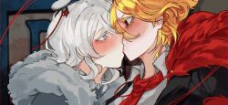 2girls black_coat blonde_hair blue_background blue_eyes blush coat don_quixote_(project_moon) e.g.o_(project_moon) faust_(project_moon) fur-trimmed_coat fur_trim grey_coat hex_nail_(e.g.o) highres kiss limbus_company looking_at_another mircalladesire multiple_girls nail_(hardware) necktie project_moon red_eyes red_necktie sancho_(project_moon) shirt short_hair simple_background solo upper_body white_hair white_shirt yuri