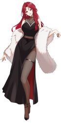 Rule 34 | 1girl, :d, aveera veilthorn, black nails, black pantyhose, black shoes, black skirt, bond en, bondlive, breasts, feather boa, full body, highres, jewelry, large breasts, long hair, looking at viewer, nail polish, necklace, official art, open mouth, pantyhose, red eyes, red hair, shoes, side slit, simple background, skirt, sleeveless, smile, solo, standing, transparent background, virtual youtuber