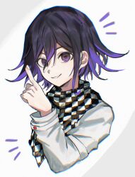 Rule 34 | 1boy, black hair, bojue (hakus 1128), checkered clothes, cropped torso, danganronpa (series), danganronpa v3: killing harmony, grey background, grin, hair between eyes, highres, index finger raised, long sleeves, looking at viewer, male focus, oma kokichi, purple eyes, purple hair, scarf, simple background, smile, solo, straitjacket, two-tone background, upper body, white background