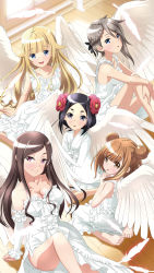 Rule 34 | 5girls, :d, ange (princess principal), angel wings, asymmetrical hair, barefoot, beatrice (princess principal), black eyes, black hair, blue eyes, braid, breasts, brown eyes, cleavage, dorothy (princess principal), double bun, dress, eyebrows, feathers, feet, highres, indoors, long hair, multiple girls, open mouth, princess (princess principal), princess principal, purple eyes, sitting, smile, soles, taniguchi gou, toes, toudou chise, wariza, white dress, white wings, wings, wooden floor