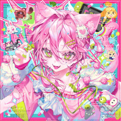 1boy animal_ears bandaid boky_baogan cat cat_ears cat_tail fangs green_eyes green_nails hair_between_eyes hair_ornament heart highres long_sleeves looking_at_viewer multicolored_eyes open_mouth original pink_eyes pink_hair short_hair smile solo symbol-shaped_pupils tail
