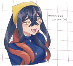 Rule 34 | 1girl, :d, black hair, blue jacket, blueberry academy school uniform, carmine (pokemon), crossed bangs, eyelashes, fang, hair between eyes, hairband, jacket, long sleeves, mole, mole under eye, multicolored hair, nintendo, open mouth, pokemon, pokemon sv, red hair, saba chimera, school uniform, smile, solo, traditional media, twitter username, two-tone hair, upper body, watercolor pencil (medium), yellow eyes, yellow hairband