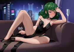 1girl absurdres black_dress black_shoes blush breasts commission couch cup dress drinking_glass drunk dude-doodle elbow_rest full-face_blush full_body green_eyes green_hair highres leaning_to_the_side looking_at_viewer night one-punch_man pelvic_curtain shoes short_hair sitting small_breasts solo squeans strap_slip tatsumaki thighs window