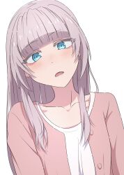 Rule 34 | 1girl, absurdres, blue eyes, blunt bangs, blush, buttons, collarbone, hair down, head tilt, highres, looking at viewer, na-suke, nanakusa nazuna (yofukashi no uta), portrait, red shirt, shirt, solo, white background, white shirt, yofukashi no uta