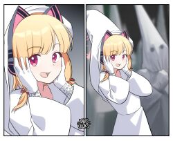 1girl 1other alternate_costume animal_ear_headphones animal_ears artist_name blonde_hair blue_archive blurry blurry_background border bow cat_ears commentary english_commentary fake_animal_ears gloves hair_bow halo hands_on_own_cheeks hands_on_own_face headphones highres kang_cilok&#039;s ku_klux_klan long_sleeves looking_at_viewer medium_hair meme momoi_(blue_archive) open_mouth pink_eyes pink_halo racist_momoi_(meme) red_bow robe short_twintails smile solo_focus twintails upper_body white_border white_gloves white_hood white_robe