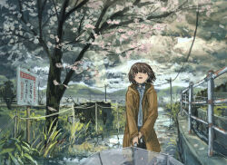 Rule 34 | 1girl, absurdres, after rain, anko1127, black skirt, bright pupils, brown eyes, brown hair, cherry blossoms, cloud, cloudy sky, coat, commentary request, corrugated galvanized iron sheet, cowboy shot, dress shirt, highres, holding, holding umbrella, hood, hood down, hooded coat, long sleeves, looking up, open clothes, open coat, open mouth, original, path, pleated skirt, power lines, railing, raincoat, road, rope fence, rust, scenery, shirt, sign, skirt, sky, smile, solo, sunlight, translation request, tree, umbrella, wet ground, white pupils, white shirt, wide shot, yellow raincoat