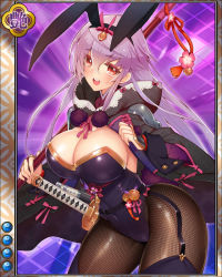 Rule 34 | 1girl, animal ears, artist request, blush, breasts, card (medium), cleavage, cloak, contrapposto, covered navel, cowboy shot, fake animal ears, female focus, fishnet pantyhose, fishnets, garter straps, jpeg artifacts, katana, large breasts, long hair, official art, open mouth, orange eyes, pantyhose, playboy bunny, purple background, purple hair, rabbit ears, sengoku bushouki muramasa, sheath, sheathed, shippou (pattern), solo, standing, sword, thighhighs, toudou takatora (sengoku bushouki muramasa), very long hair, weapon