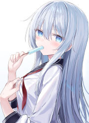 1girl anchor_symbol black_sailor_collar blue_eyes blue_hair blush commentary food food_in_mouth from_side hair_between_eyes hibiki_(kancolle) highres holding holding_food holding_popsicle kantai_collection long_hair long_sidelocks long_sleeves looking_at_viewer popsicle popsicle_in_mouth red_skirt sailor_collar shikuro_(iorimiyakiyo) sidelocks simple_background skirt solo turning_head upper_body white_background