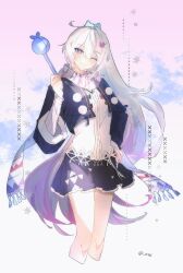 Rule 34 | 1girl, absurdres, ahoge, alternate costume, closed mouth, eve (meltdown), gradient hair, hair between eyes, hand on own hip, high ponytail, highres, honkai (series), honkai impact 3rd, kiana kaslana, kiana kaslana (herrscher of finality), long hair, long sleeves, looking at viewer, multicolored hair, one eye closed, ponytail, scarf, shirt, skirt, smile, solo, star-shaped pupils, star (symbol), symbol-shaped pupils, twitter username, white hair, white scarf