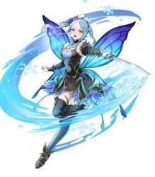 Rule 34 | 1girl, attack, black thighhighs, blue eyes, blue hair, blue wings, blush, breasts, bridal gauntlets, bug, butterfly, butterfly wings, closed mouth, dagger, detached sleeves, dress, fairy wings, fire emblem, fire emblem fates, fire emblem heroes, flora (fire emblem), flora (resplendent) (fire emblem), flower, gloves, hair flower, hair ornament, headdress, highres, holding, holding dagger, holding knife, holding weapon, insect, insect wings, knife, large breasts, long hair, long sleeves, maid, maid headdress, nima (niru54), nintendo, non-web source, official alternate costume, official art, open mouth, snowflakes, solo, thighhighs, transparent background, twintails, v-shaped eyebrows, weapon, wings
