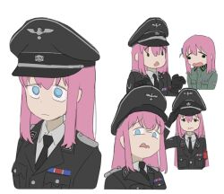 1girl black_gloves blue_eyes bocchi_the_rock! gloves gotoh_hitori hat military military_hat military_uniform nazi necktie nullpo pink_hair salute white_background