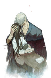 1boy 1girl absurdres black_hair blue_kimono couple covered_face feet_out_of_frame gegege_no_kitarou grey_hair hair_over_face hand_on_another&#039;s_head hand_up hands_on_own_stomach kissing_head hetero highres husband_and_wife iwako_(gegege_no_kitarou) japanese_clothes kimono kiss long_hair long_sleeves medama_oyaji medama_oyaji_(human) natsu_(rodysanp) obi petals pregnant sash short_hair simple_background sitting sitting_on_lap sitting_on_person very_long_hair white_background white_kimono wide_sleeves