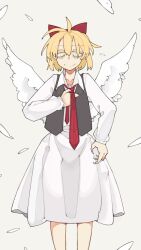 1girl angel_wings bags_under_eyes black_vest blonde_hair bolos collared_shirt fingernails gengetsu_(touhou) hair_ribbon highres necktie pointy_ears red_necktie red_ribbon ribbon sharp_fingernails shirt short_hair skirt solo touhou vest white_shirt white_skirt wings yellow_eyes