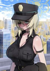 1girl absurdres arm_belt armpit_crease belt black_choker black_coat black_hat black_shirt blonde_hair blue_archive blush breasts building choker cleavage coat eyepatch halo hat highres large_breasts looking_ahead okokorika one_eye_covered peaked_cap sand shirt sleeveless sleeveless_shirt solo suou_(blue_archive) sweat unworn_coat upper_body