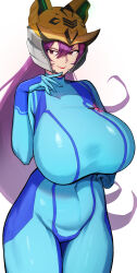 Rule 34 | 1girl, absurdres, bai yellow (show by rock!!), blue bodysuit, bodysuit, breasts, cosplay, cowboy shot, helmet, highres, huge breasts, long hair, looking at viewer, oruru63100814, purple hair, samus aran, samus aran (cosplay), show by rock!!, simple background, smile, solo, white background, zero suit