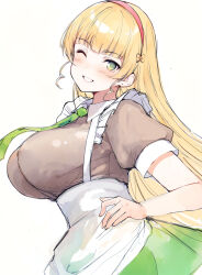 1girl ;d absurdres apron black_shirt blonde_hair blunt_bangs blush breasts collared_shirt commentary_request gengoroh green_eyes green_necktie green_skirt grin hairband heanna_sumire highres large_breasts long_hair looking_at_viewer love_live! love_live!_superstar!! necktie one_eye_closed open_mouth puffy_short_sleeves puffy_sleeves red_hairband shirt short_sleeves simple_background skirt smile solo upper_body very_long_hair waist_apron waitress white_apron white_background