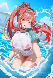 2girls aqua_hairband bikini bikini_visible_through_clothes black_choker blonde_hair blue_sky blush bracelet breasts choker cleavage elegg_(boom_and_shock)_(nikke) elegg_(nikke) goddess_of_victory:_nikke green_hairband hairband highres jewelry large_breasts long_hair looking_at_viewer multiple_girls navel official_alternate_costume official_alternate_design official_alternate_hair_color open_mouth outdoors ponytail pool rapi_(nikke) rapi_(red_hood)_(nikke) rapi_(red_hood)_(red_flavor)_(nikke) red_bikini red_eyes red_hair see-through_clothes see-through_shirt shirt sky smile stomach submerged swimsuit teeth water wet wet_clothes wet_shirt wonfle10