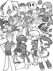 Rule 34 | 3girls, 6+boys, absurdres, alternate species, arm cannon, bomb, boxing gloves, female corrin (fire emblem), crossed arms, dancho no mori, dark link, diddy kong, donkey kong (series), donkey kong country, dougi, dragon quest, dragon quest viii, explosive, fire emblem, fire emblem awakening, fire emblem fates, from behind, frown, full body, greyscale, hands on own hips, headband, hero (dq8), highres, holding, holding sword, holding weapon, jacket, kirby, kirby (series), little mac, long hair, looking at viewer, looking back, lucina (fire emblem), mii brawler, mii brawler (smash ultimate), mii gunner, mii gunner (smash ultimate), mii swordfighter, mii swordfighter (smash ultimate), monkey, monochrome, multiple boys, multiple girls, nintendo, open clothes, open jacket, open mouth, over shoulder, pac-man, pac-man (game), panty &amp; stocking with garterbelt (style), parody, powerpuff girls (style), profile, punch-out!!, ryu (street fighter), scabbard, sheath, short hair, short shorts, short sleeves, shorts, sitting, slipping, smile, spiked hair, standing, street fighter, stuffed toy, style parody, super smash bros., sword, tank top, the legend of zelda, weapon, weapon over shoulder, wii fit, wii fit trainer