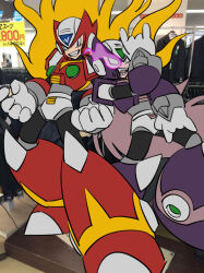 2boys \m/ android armor blonde_hair chest_jewel clenched_teeth closed_mouth clothes_shop evil_grin evil_smile forehead_jewel gloves glowing green_eyes grey_hair grin helmet heterochromia highres jewelry long_hair looking_at_viewer maeeeeeeeeng mall mega_man_(series) mega_man_x_(series) multiple_boys open_mouth pink_eyes ponytail purple_armor purple_helmet real_life_insert real_world_location red_armor red_helmet robot robot_ears sharp_teeth shop shoulder_armor smile standing teeth very_long_hair white_gloves zero_(mega_man) zero_nightmare_(mega_man)