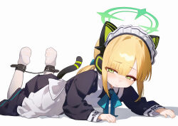 1girl absurdres animal_ear_headphones animal_ears apron black_dress blonde_hair blue_archive blush cat_tail chain closed_mouth dress eco_376124 fake_animal_ears green_eyes green_halo halo headphones highres long_sleeves maid maid_apron maid_headdress midori_(blue_archive) midori_(maid)_(blue_archive) no_shoes official_alternate_costume pantyhose short_hair simple_background solo tail white_apron white_background white_pantyhose