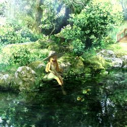 1girl alolan_form alolan_vulpix bag bare_arms barefoot blonde_hair blunt_bangs braid closed_eyes collared_dress commentary_request creatures_(company) day dress duffel_bag game_freak gen_1_pokemon gen_7_pokemon goldeen grass hat hat_ribbon highres lillie_(pokemon) long_hair nintendo outdoors pokemon pokemon_(anime) pokemon_(creature) pokemon_sm_(anime) ribbon ribero river rock scenery sitting sleeveless sleeveless_dress soaking_feet summer sun_hat twin_braids water white_dress white_headwear