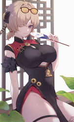1girl absurdres black_dress black_gloves breasts brown_hair china_dress chinese_clothes cleavage_cutout clothing_cutout commentary_request covered_navel dress eyewear_on_head gloves hair_over_one_eye hand_fan highres holding holding_fan looking_at_viewer pelvic_curtain pisuke_(user_kcmh2774) plant purple_eyes single_glove sitting smile solo sunglasses sweety_(zenless_zone_zero) tinted_eyewear tuanshan yellow-tinted_eyewear zenless_zone_zero