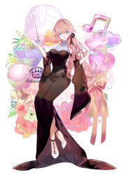 1girl :d balloon bare_shoulders beamed_eighth_notes black_dress black_sleeves blue_eyes breasts commentary_request detached_sleeves dress flower gloves half_gloves heart_balloon high_heels highres holding holding_wand long_hair long_sleeves looking_at_viewer medium_breasts megurine_luka musical_note open_mouth pink_flower pink_hair pink_rose rose shoes signature simple_background smile solo star_balloon twitter_username very_long_hair vocaloid wand white_background white_flower white_gloves white_shoes wide_sleeves yuuki_kira
