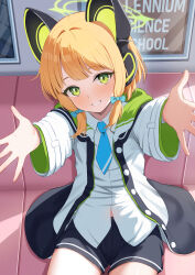 1girl absurdres animal_ear_headphones animal_ears aoto_mei aqua_bow aqua_necktie black_shorts blonde_hair blue_archive blush bow buttons cat_ear_headphones cat_ears collared_shirt commentary_request commission cowboy_shot dot_nose fake_animal_ears green_eyes green_halo green_jacket green_trim grin hair_bow halo head_tilt headphones highres jacket large_variant_set layered_sleeves long_sleeves looking_at_viewer low-tied_sidelocks medium_hair midori_(blue_archive) midriff_peek multicolored_jacket necktie open_clothes open_jacket palms parted_bangs reaching reaching_towards_viewer school_uniform shirt short_shorts shorts sidelocks sitting smile solo spread_fingers swept_bangs thighs untucked_shirt variant_set white_jacket white_shirt wide_sleeves