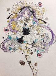 1girl :d armlet bare_shoulders beads belt_bow black_bow black_dress black_hairband black_ribbon bow bracelet bubbles_(shallows_o0) choker commentary_request dress euryale_(fate) euryale_(third_ascension)_(fate) fate/grand_order fate_(series) flower frilled_dress frills from_side full_body gem hairband halo highres jewelry leg_up lolita_hairband long_hair looking_at_viewer masking_tape_(medium) mixed_media multiple_bracelets necklace open_mouth parted_bangs photo_(medium) purple_eyes purple_hair purple_nails ribbon short_dress smile solo standing standing_on_one_leg star_(symbol) traditional_media twintails two-tone_dress unconventional_media very_long_hair white_background white_dress white_flower