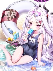 1girl ahoge black_halo blue_archive blush cameltoe demon_girl demon_horns eyewear_on_head food fruit hair_ornament hairclip halo highres hina_(blue_archive) hina_(swimsuit)_(blue_archive) horns ice_cream innertube juice lemon long_hair looking_at_viewer navel ocean official_alternate_costume open_mouth purple_eyes sandia79504 school_swimsuit sitting solo starfish sunglasses swim_ring swimsuit table thighs whistle white_hair