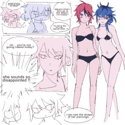 2girls ahoge bikini black_bikini black_hair blue_eyes blue_hair blush breasts collar english_text eyepatch female_focus full_body genderswap genderswap_(mtf) hair_bun looking_at_viewer messy_hair multicolored_hair multiple_girls omokage_yugamu one_eye_covered open_mouth red_hair simple_background sketch small_breasts speech_bubble standing sumino_takumi swimsuit the_hundred_line_-last_defense_academy- white_background