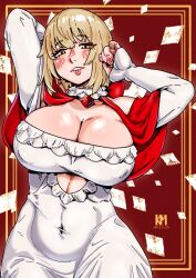 1girl 2025 54kmlikeuniform absurdres arms_up blonde_hair blush breasts cleavage covered_erect_nipples covered_navel cowboy_shot dated dress dungeon_meshi facing_viewer falin_touden falin_touden_(tallman) highres huge_breasts jewelry large_breasts looking_at_viewer medium_hair necklace parted_lips red_background smile solo wide_hips yellow_eyes