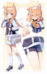 1girl absurdres animal_ear_fluff animal_ears bag black_jacket black_shoes black_shorts blue_archive blue_eyes blush border capry cat_ears center-flap_bangs commentary_request flower full_body hair_between_eyes hair_flower hair_ornament hairband halo highres jacket kneehighs long_hair looking_at_viewer mari_(blue_archive) mari_(track)_(blue_archive) multicolored_jacket multiple_views orange_border orange_hair orange_outline outline outside_border shoes short_shorts shorts shoulder_bag sidelocks sneakers socks standing sweat track_jacket two-tone_jacket white_background white_flower white_hairband white_jacket white_outline white_socks yellow_halo