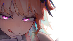 Rule 34 | 1girl, blush, close-up, earrings, highres, hololive, hololive english, jewelry, orange hair, purple eyes, sauce darusungi, shaded face, simple background, solo, takanashi kiara, thumbnail collage, tongue, tongue out, virtual youtuber, white background