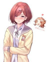 2girls absurdres blouse blush chibi chibi_inset cosplay hair_ornament hairpin head highres higuchi_madoka holding_own_arm ichikawa_hinana ichikawa_hinana_(cosplay) idolmaster idolmaster_shiny_colors looking_away mole mole_under_eye moleshi multiple_girls neck_ribbon red_hair ribbon ribbon_trim school_uniform shirt simple_background smile solo_focus white_background yellow_shirt