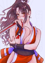 Rule 34 | 1girl, breasts, breasts squeezed together, brown hair, cleavage, curvy, fatal fury, huge breasts, japanese clothes, jiggle, large breasts, long hair, looking at viewer, ponytail, shiranui mai, the king of fighters