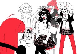 Rule 34 | 5girls, ahoge, amamiya ren, cellphone, character request, comb, genderswap, genderswap (mtf), head wreath, joker (persona 5), kx0e, limited palette, multiple girls, pantyhose, persona, persona 5, phone, plaid clothes, plaid skirt, red hair, sakura futaba, sketch, skirt, smartphone, suspender skirt, suspenders, sweater, taking picture, v, white background, white sweater