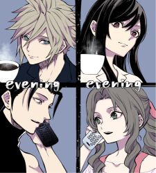 2boys 2girls aerith_gainsborough black_hair black_sweater blonde_hair blue_eyes brown_hair closed_mouth cloud_strife coffee coffee_mug collarbone crisis_core_final_fantasy_vii cup earrings evening final_fantasy final_fantasy_vii final_fantasy_vii_remake green_eyes hair_between_eyes hair_ribbon high_ponytail holding holding_cup holding_phone jewelry long_hair lowres mono0805 mug multiple_boys multiple_girls parted_bangs parted_lips phone pink_ribbon ponytail red_eyes ribbon short_hair spiked_hair stud_earrings sweater talking_on_phone tifa_lockhart turtleneck turtleneck_sweater upper_body zack_fair