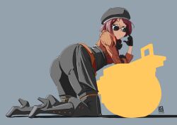 Rule 34 | 1girl, adjusting eyewear, all fours, artist logo, ass, ass focus, asymmetrical hair, automatic giraffe, beret, black-framed eyewear, black boots, black gloves, black hat, black pants, boots, brown eyes, brown hair, brown shirt, coco adel, commentary, elbow rest, english commentary, full body, gianduja, gloves, grey background, hat, high heel boots, high heels, highres, logo, long sleeves, pants, ribbed shirt, rwby, shirt, short hair, simple background, solo, sunglasses