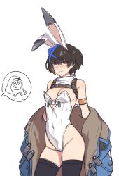 1boy 1girl adapted_costume animal_ears armlet black_hair blue_jacket blue_streaks blush breasts bridget_(guilty_gear) detached_collar fake_animal_ears guilty_gear guilty_gear_strive harness highleg highleg_leotard highres jacket jewelry leotard mokotoko9 multicolored_hair off_shoulder playboy_bunny rabbit_ears simple_background solo_focus spoken_character streaked_hair thighhighs thumbs_up unika_(guilty_gear) wavy_mouth