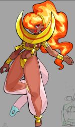 1girl alternate_form anklet arabian_clothes armlet armor barefoot belt bracelet breasts dark-skinned_female dark_skin fiery_hair gold_anklet gold_armlet gold_bracelet hair_over_one_eye hand_up harem_outfit harem_pants jewelry large_breasts leg_up long_hair nipple_tassels open_mouth pants pasties pauldrons power_stone red_eyes rouge_(power_stone) see-through_clothes see-through_pants shoulder_armor smile werfmight