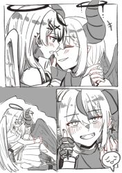 2girls absurdres angel_wings blush closed_eyes commentary ear_piercing fang greyscale grin halo hand_on_another&#039;s_face hashtag-only_commentary highres hololive horns hug la+_darknesss monochrome multiple_girls open_mouth piercing pointy_ears sakamata_chloe smile tora_(nanamiiill) virtual_youtuber wings yuri