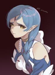 1girl bare_shoulders blue_hair braid breasts closed_mouth detached_sleeves dress fire_emblem fire_emblem_fates fire_emblem_heroes forehead_jewel gradient_hair highres karashino lilith_(fire_emblem) lips long_hair looking_at_viewer medium_breasts multicolored_hair nintendo pink_lips pointy_ears red_hair sad single_braid slit_pupils solo twitter_username two-tone_hair upper_body very_long_hair white_dress yellow_eyes