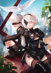 1boy 1girl 2b_(nier:automata) 9s_(nier:automata) black_blindfold black_coat black_dress black_gloves black_hairband blindfold boots breasts cleavage clothing_cutout coat covered_eyes dress gloves hairband highres juliet_sleeves long_sleeves mole mole_under_mouth nier:automata nier_(series) nima_(niru54) puffy_sleeves shorts thighhighs thighhighs_under_boots white_hair