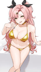 1girl aqua_nails bare_arms bare_legs bare_shoulders bikini black_ribbon blue_nails blush breasts cleavage collarbone commentary_request covered_erect_nipples earrings feet_out_of_frame fingernails gold_bikini gold_choker green_eyes grey_background hair_ornament hair_ribbon hairclip half-closed_eyes halterneck hand_up heart heart_earrings highres invisible_chair jewelry knees_together_feet_apart large_breasts long_hair looking_at_viewer mole mole_on_breast mole_on_thigh mole_under_eye multicolored_nails nail_polish navel nicole_demara parted_bangs parted_lips pink_hair purple_nails raised_eyebrows ribbon shadow side-tie_bikini_bottom sitting smile solo stomach string_bikini swimsuit thigh_gap turo_ta_turo twintails twitter_username two-tone_background two_side_up very_long_hair white_background zenless_zone_zero